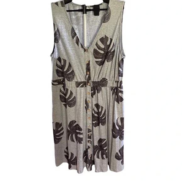 Gray Sleeveless Dress with Leaf Print - Picture 1 of 7
